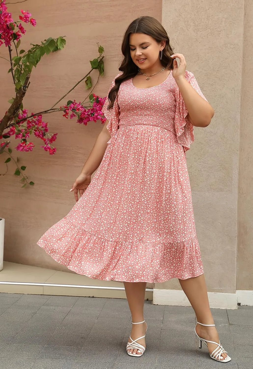 Keluummi Plus Size Wedding Guest Midi Dresses for Curvy Women, Summer Casual Boho Floral Dress with Empire Waist and Pocket