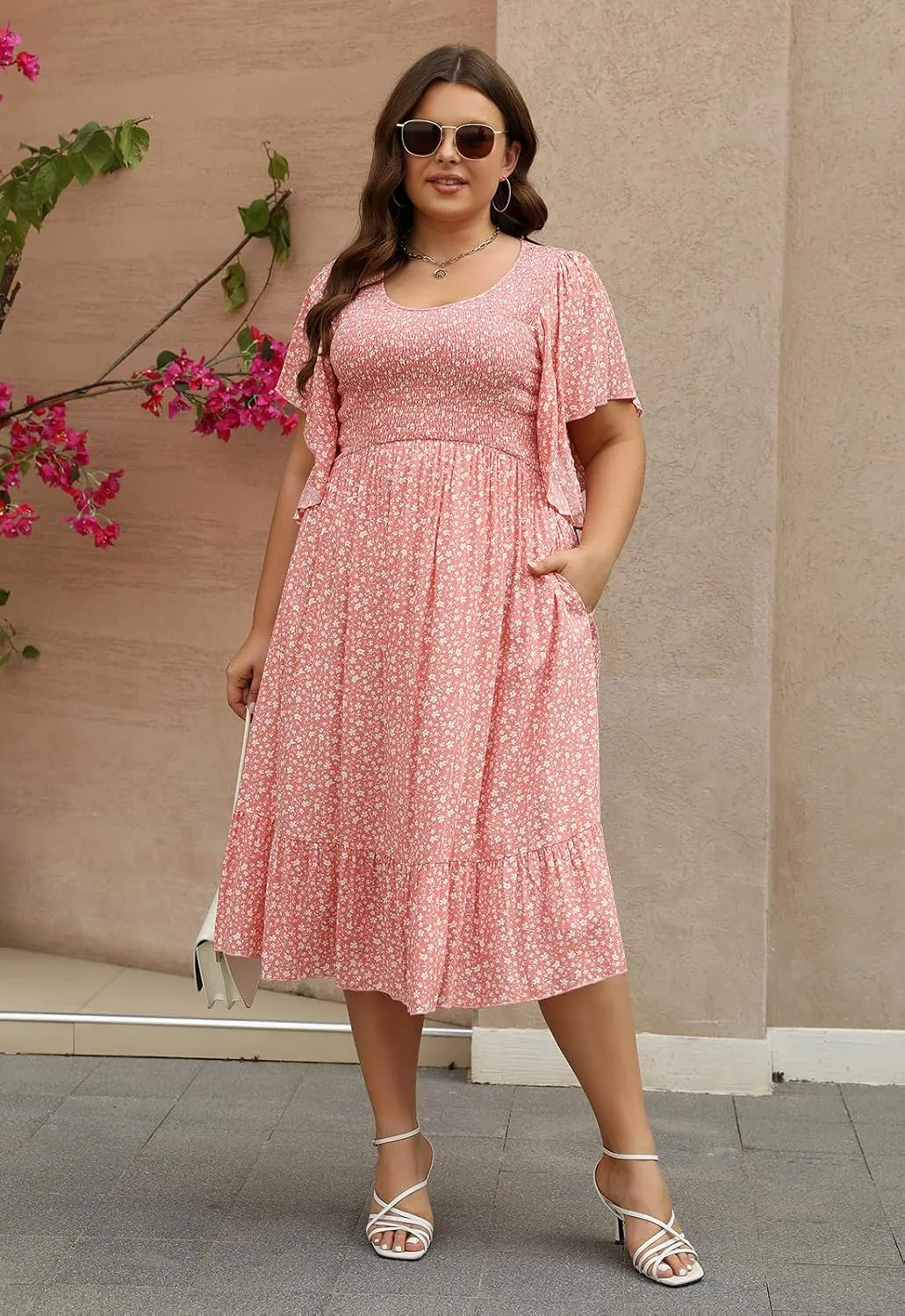 Keluummi Plus Size Wedding Guest Midi Dresses for Curvy Women, Summer Casual Boho Floral Dress with Empire Waist and Pocket