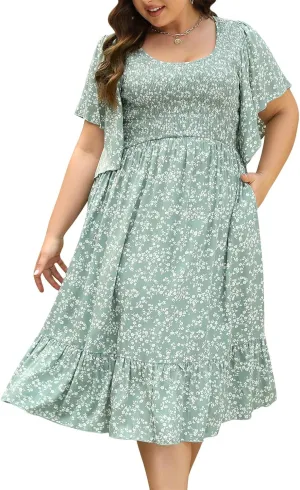Keluummi Plus Size Wedding Guest Midi Dresses for Curvy Women, Summer Casual Boho Floral Dress with Empire Waist and Pocket