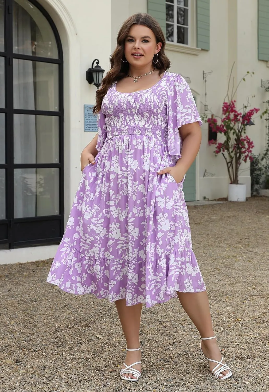 Keluummi Plus Size Wedding Guest Midi Dresses for Curvy Women, Summer Casual Boho Floral Dress with Empire Waist and Pocket