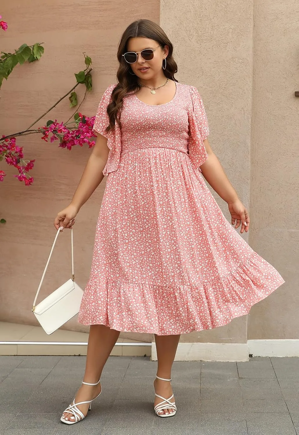 Keluummi Plus Size Wedding Guest Midi Dresses for Curvy Women, Summer Casual Boho Floral Dress with Empire Waist and Pocket