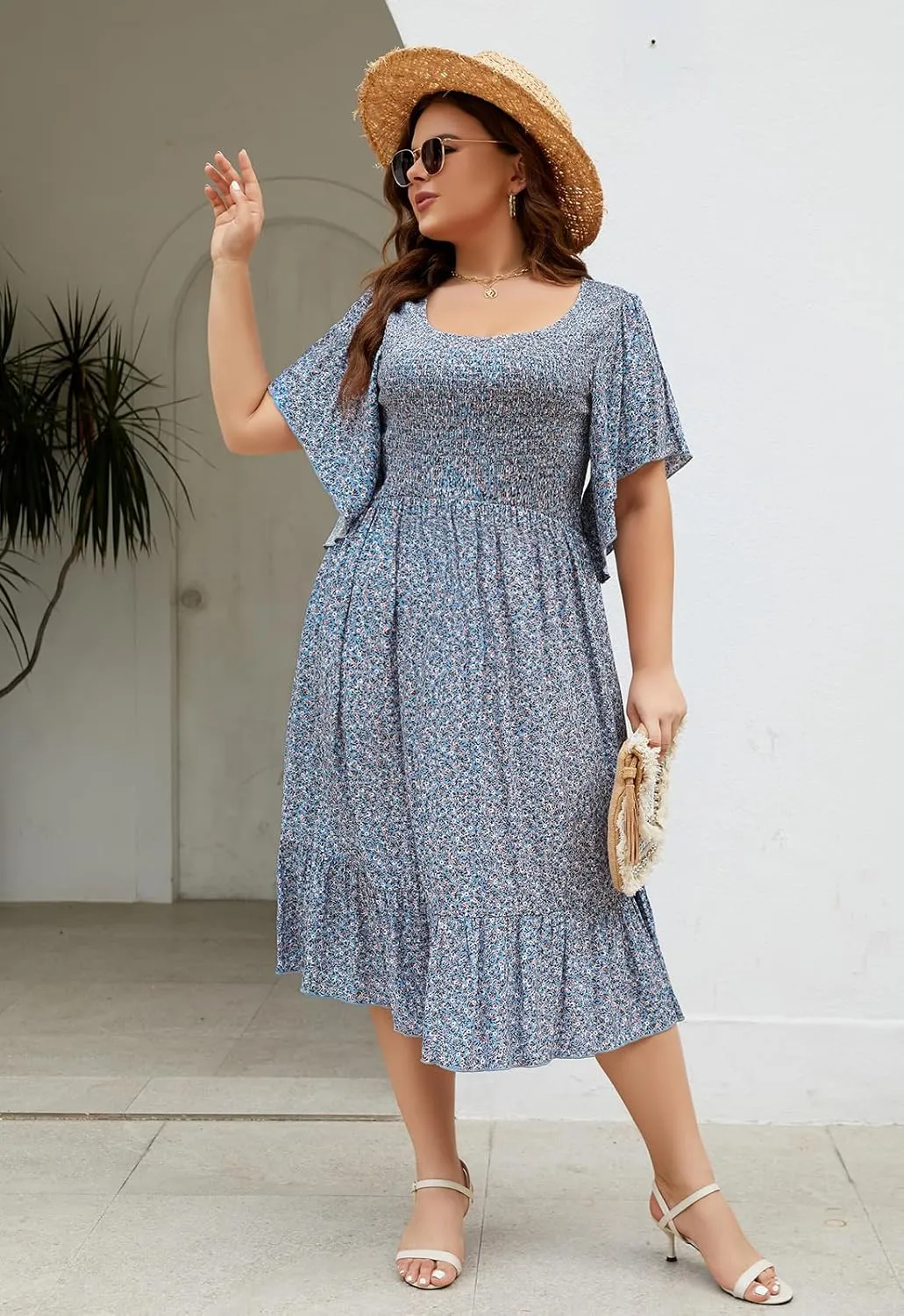 Keluummi Plus Size Wedding Guest Midi Dresses for Curvy Women, Summer Casual Boho Floral Dress with Empire Waist and Pocket