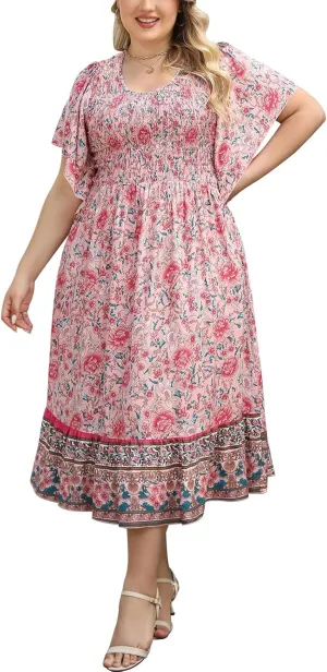 Keluummi Plus Size Wedding Guest Midi Dresses for Curvy Women, Summer Casual Boho Floral Dress with Empire Waist and Pocket