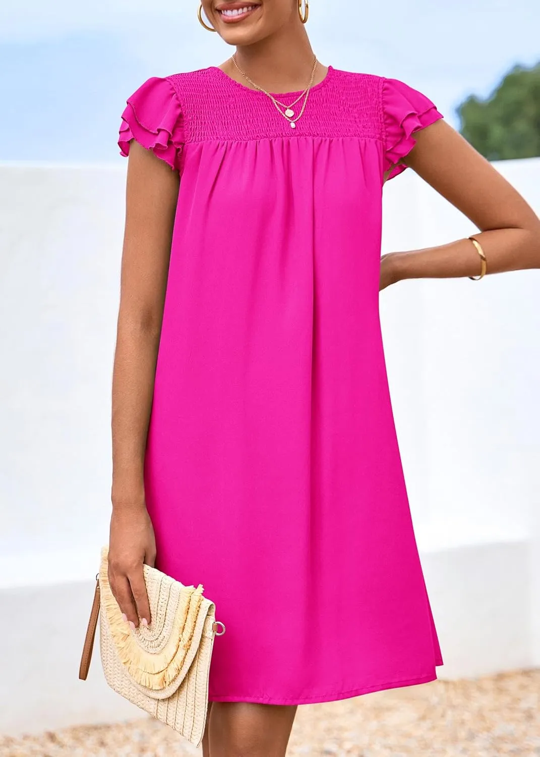 KIRUNDO Wedding Guest Shift Dresses for Women Short Spring Summer Ruffle Cap Sleeve Chiffon Babydoll Flowy Mini Sundress