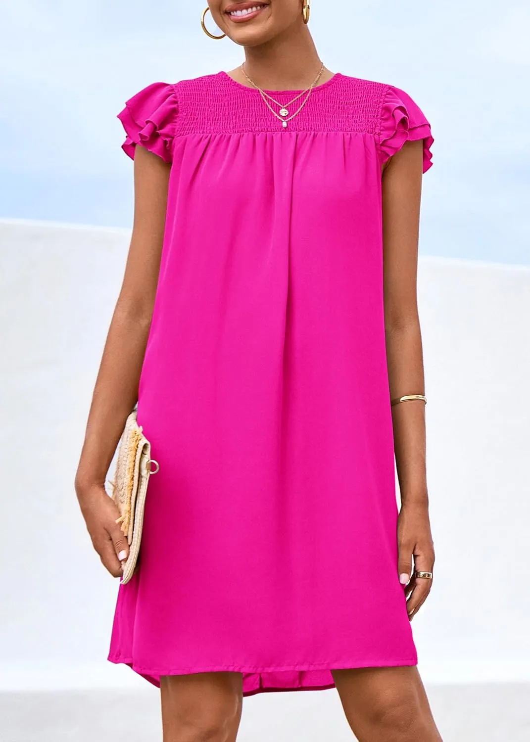 KIRUNDO Wedding Guest Shift Dresses for Women Short Spring Summer Ruffle Cap Sleeve Chiffon Babydoll Flowy Mini Sundress