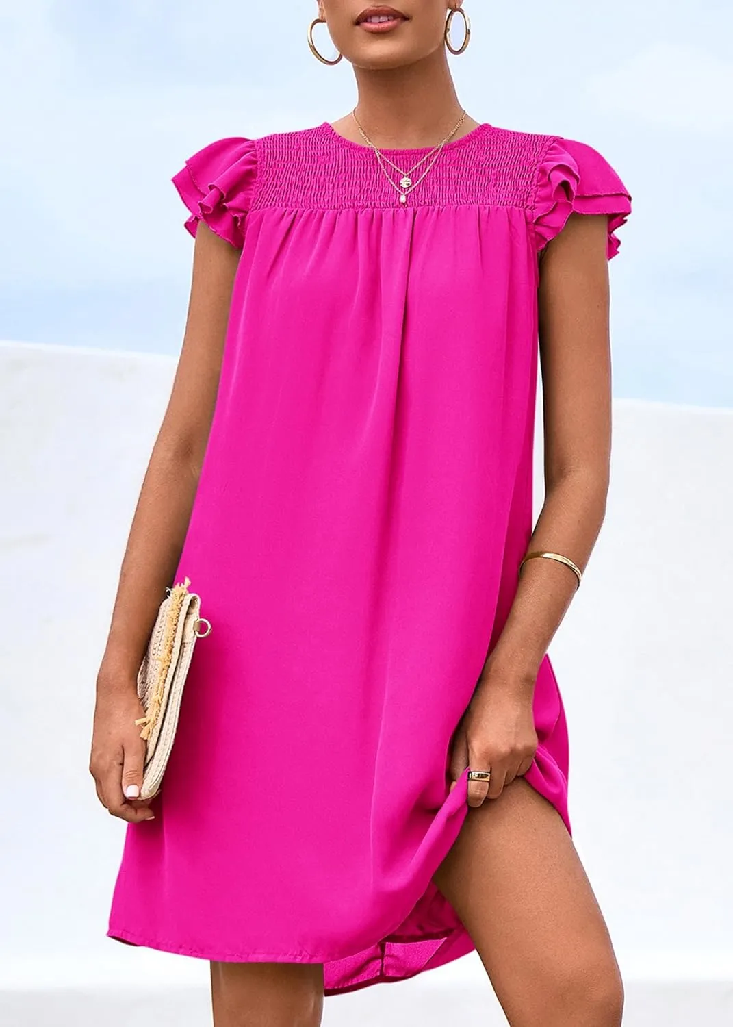 KIRUNDO Wedding Guest Shift Dresses for Women Short Spring Summer Ruffle Cap Sleeve Chiffon Babydoll Flowy Mini Sundress