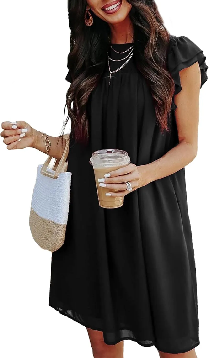 KIRUNDO Wedding Guest Shift Dresses for Women Short Spring Summer Ruffle Cap Sleeve Chiffon Babydoll Flowy Mini Sundress