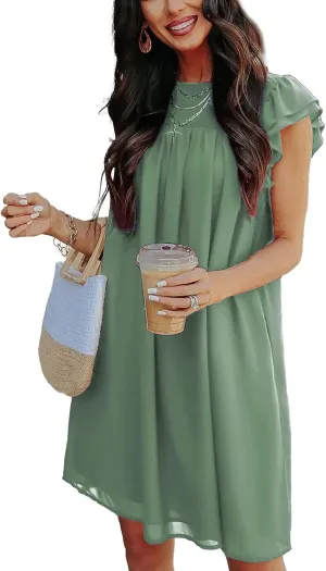 KIRUNDO Wedding Guest Shift Dresses for Women Short Spring Summer Ruffle Cap Sleeve Chiffon Babydoll Flowy Mini Sundress