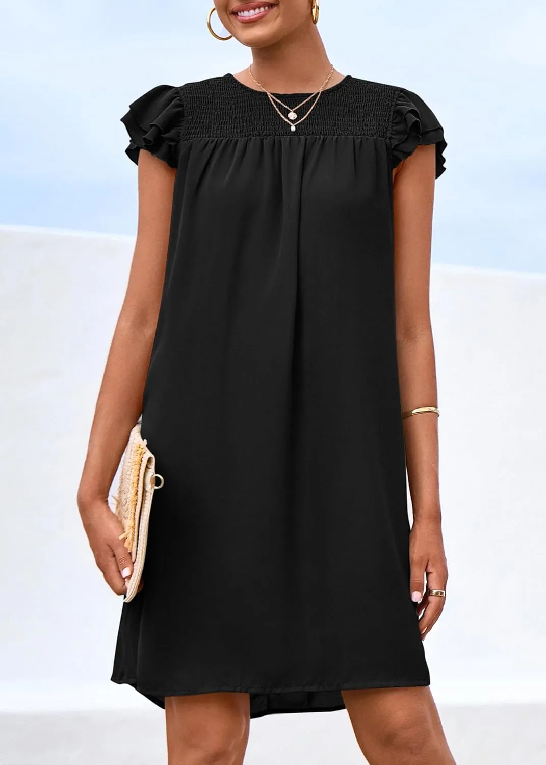 KIRUNDO Wedding Guest Shift Dresses for Women Short Spring Summer Ruffle Cap Sleeve Chiffon Babydoll Flowy Mini Sundress