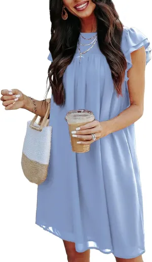 KIRUNDO Wedding Guest Shift Dresses for Women Short Spring Summer Ruffle Cap Sleeve Chiffon Babydoll Flowy Mini Sundress