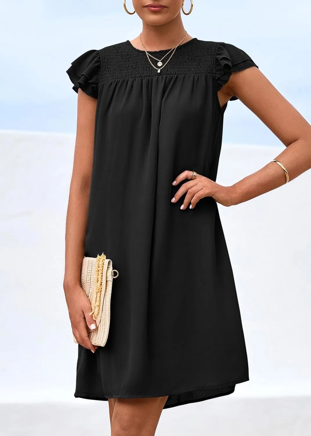 KIRUNDO Wedding Guest Shift Dresses for Women Short Spring Summer Ruffle Cap Sleeve Chiffon Babydoll Flowy Mini Sundress