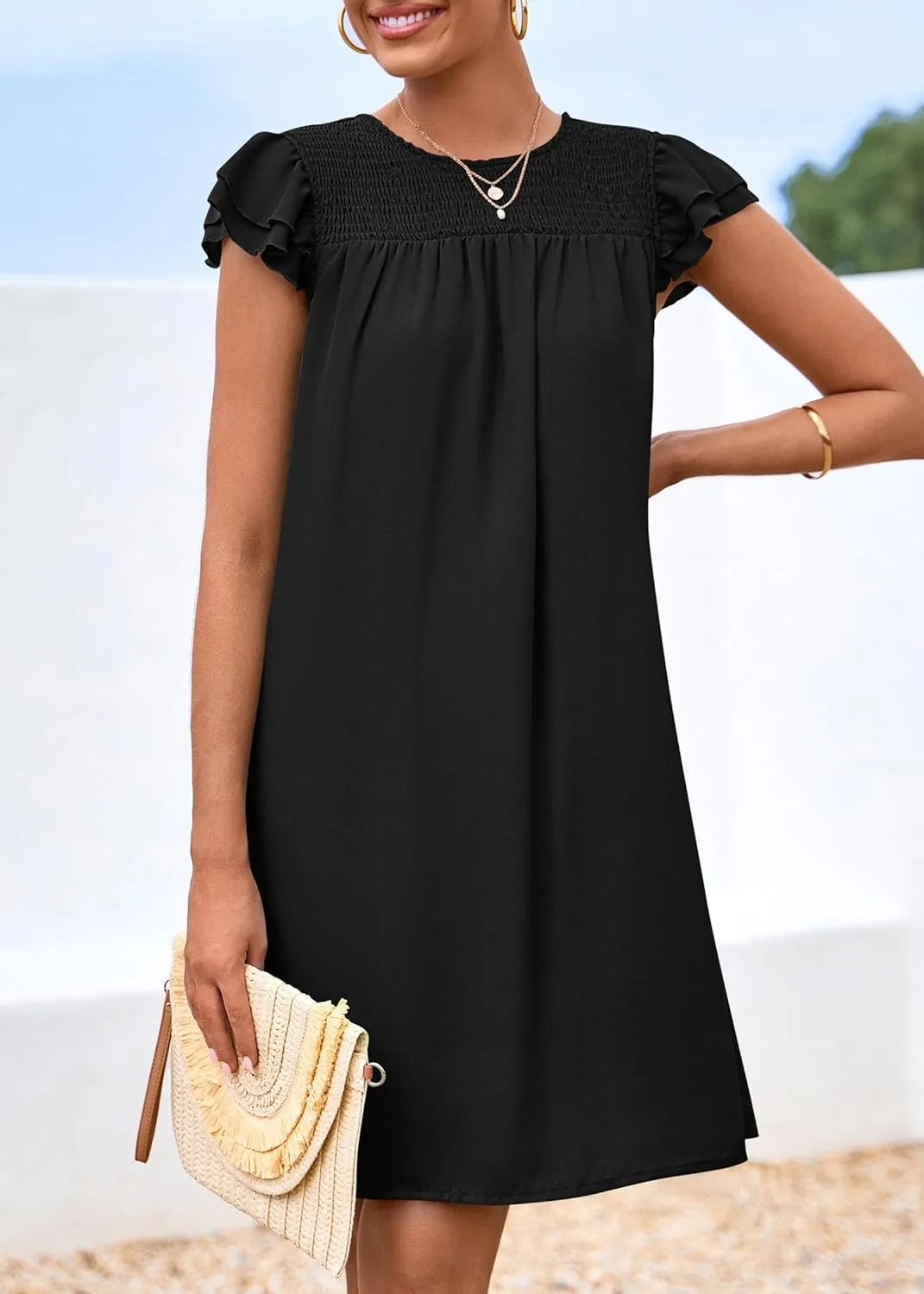KIRUNDO Wedding Guest Shift Dresses for Women Short Spring Summer Ruffle Cap Sleeve Chiffon Babydoll Flowy Mini Sundress