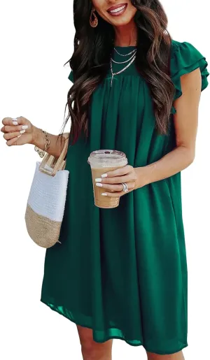 KIRUNDO Wedding Guest Shift Dresses for Women Short Spring Summer Ruffle Cap Sleeve Chiffon Babydoll Flowy Mini Sundress