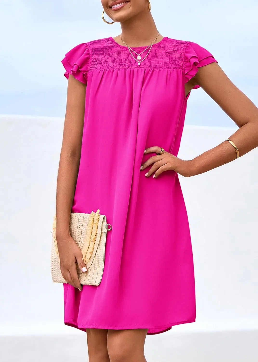 KIRUNDO Wedding Guest Shift Dresses for Women Short Spring Summer Ruffle Cap Sleeve Chiffon Babydoll Flowy Mini Sundress