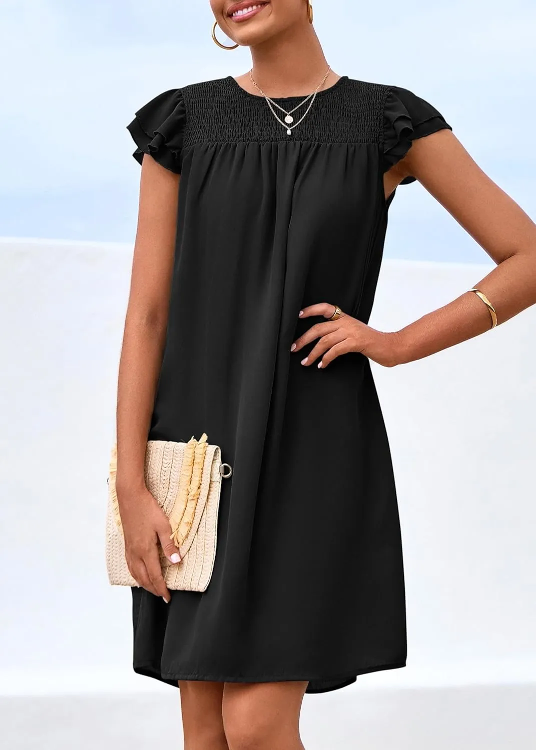 KIRUNDO Wedding Guest Shift Dresses for Women Short Spring Summer Ruffle Cap Sleeve Chiffon Babydoll Flowy Mini Sundress
