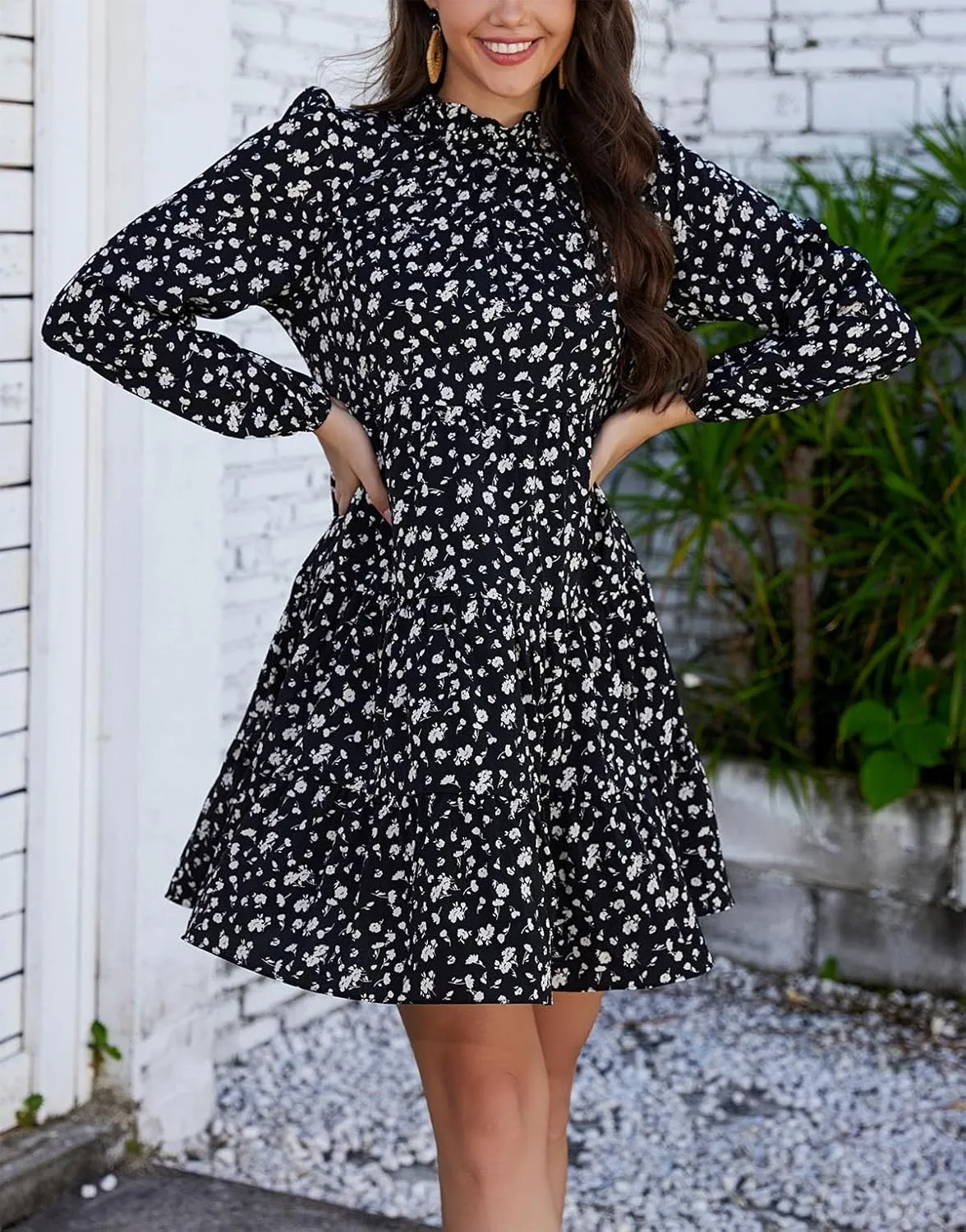 Kormei Women's Long Sleeve Boho Floral Ruffle Mock Neck Tiered Mini Babydoll Casual Swing Tunic Shift Dress