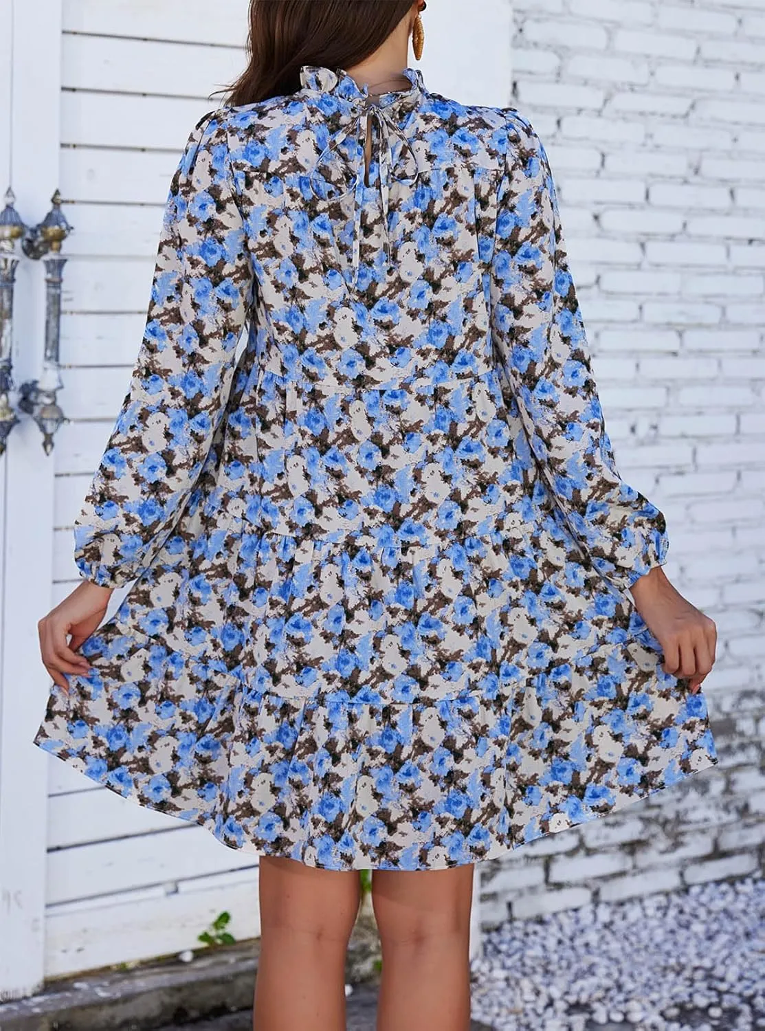Kormei Women's Long Sleeve Boho Floral Ruffle Mock Neck Tiered Mini Babydoll Casual Swing Tunic Shift Dress