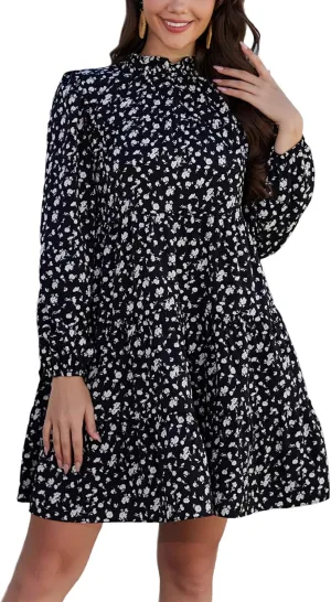 Kormei Women's Long Sleeve Boho Floral Ruffle Mock Neck Tiered Mini Babydoll Casual Swing Tunic Shift Dress