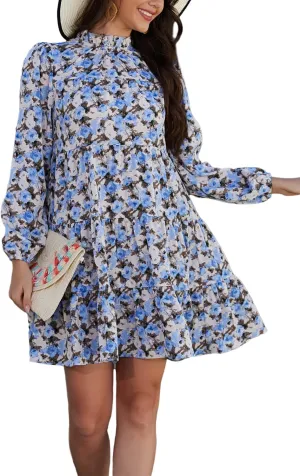 Kormei Women's Long Sleeve Boho Floral Ruffle Mock Neck Tiered Mini Babydoll Casual Swing Tunic Shift Dress
