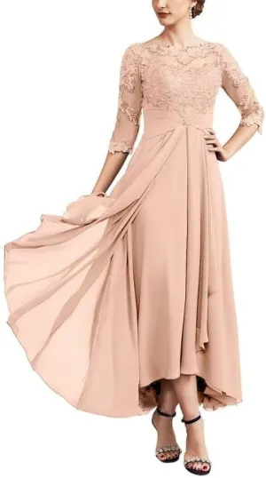 Lace Applique Mother of The Bride Dresses for Wedding Chiffon 3/4 Sleeve Pleated Formal Party Evening Gown LVY026