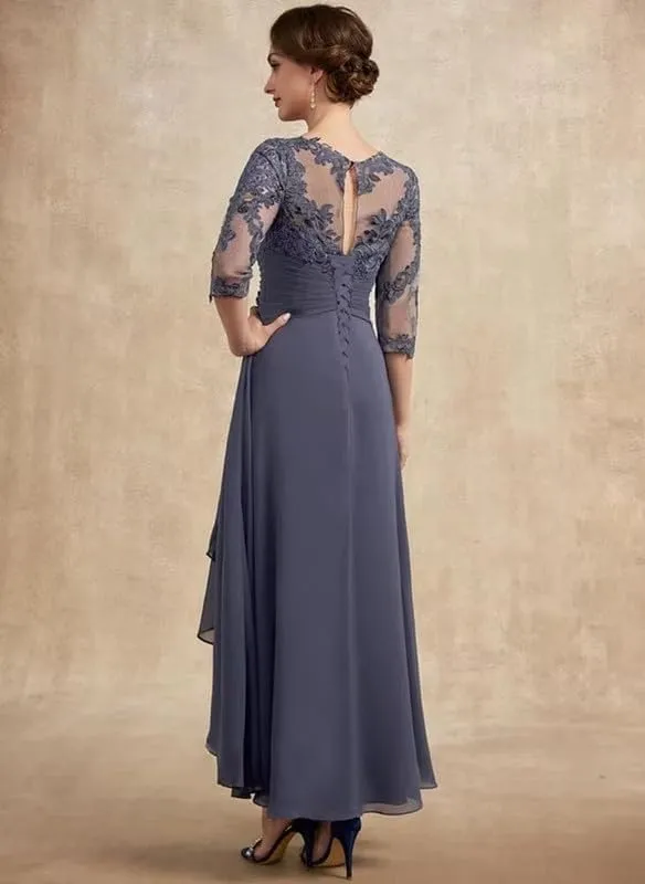 Lace Applique Mother of The Bride Dresses for Wedding Chiffon 3/4 Sleeve Pleated Formal Party Evening Gown LVY026