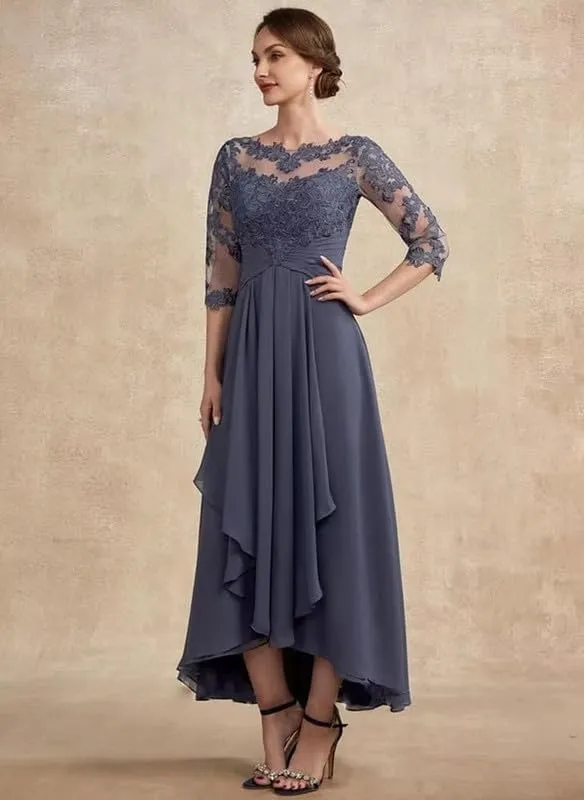 Lace Applique Mother of The Bride Dresses for Wedding Chiffon 3/4 Sleeve Pleated Formal Party Evening Gown LVY026