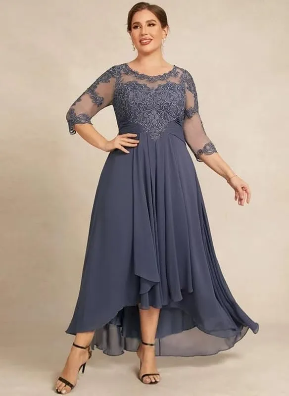 Lace Applique Mother of The Bride Dresses for Wedding Chiffon 3/4 Sleeve Pleated Formal Party Evening Gown LVY026
