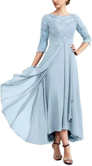 Lace Applique Mother of The Bride Dresses for Wedding Chiffon 3/4 Sleeve Pleated Formal Party Evening Gown LVY026