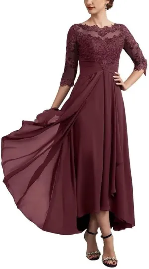 Lace Applique Mother of The Bride Dresses for Wedding Chiffon 3/4 Sleeve Pleated Formal Party Evening Gown LVY026