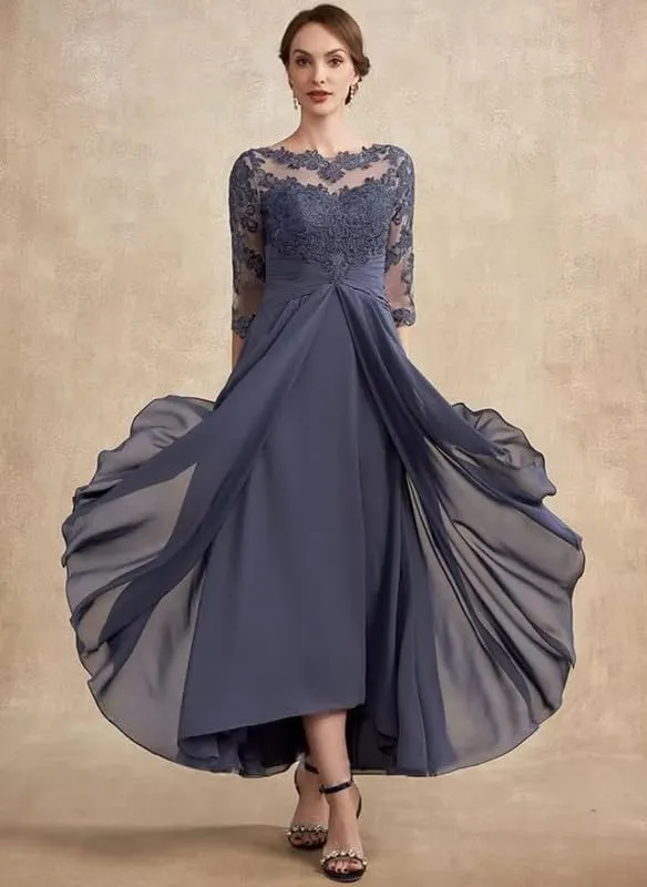 Lace Applique Mother of The Bride Dresses for Wedding Chiffon 3/4 Sleeve Pleated Formal Party Evening Gown LVY026