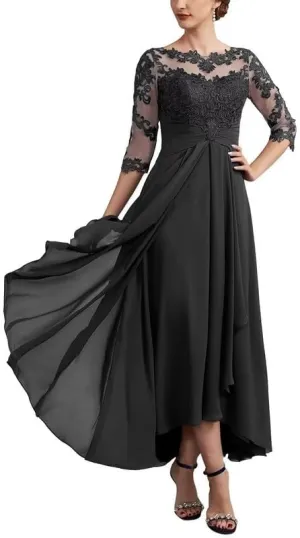 Lace Applique Mother of The Bride Dresses for Wedding Chiffon 3/4 Sleeve Pleated Formal Party Evening Gown LVY026