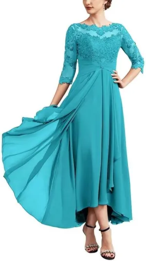 Lace Applique Mother of The Bride Dresses for Wedding Chiffon 3/4 Sleeve Pleated Formal Party Evening Gown LVY026