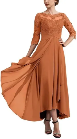 Lace Applique Mother of The Bride Dresses for Wedding Chiffon 3/4 Sleeve Pleated Formal Party Evening Gown LVY026