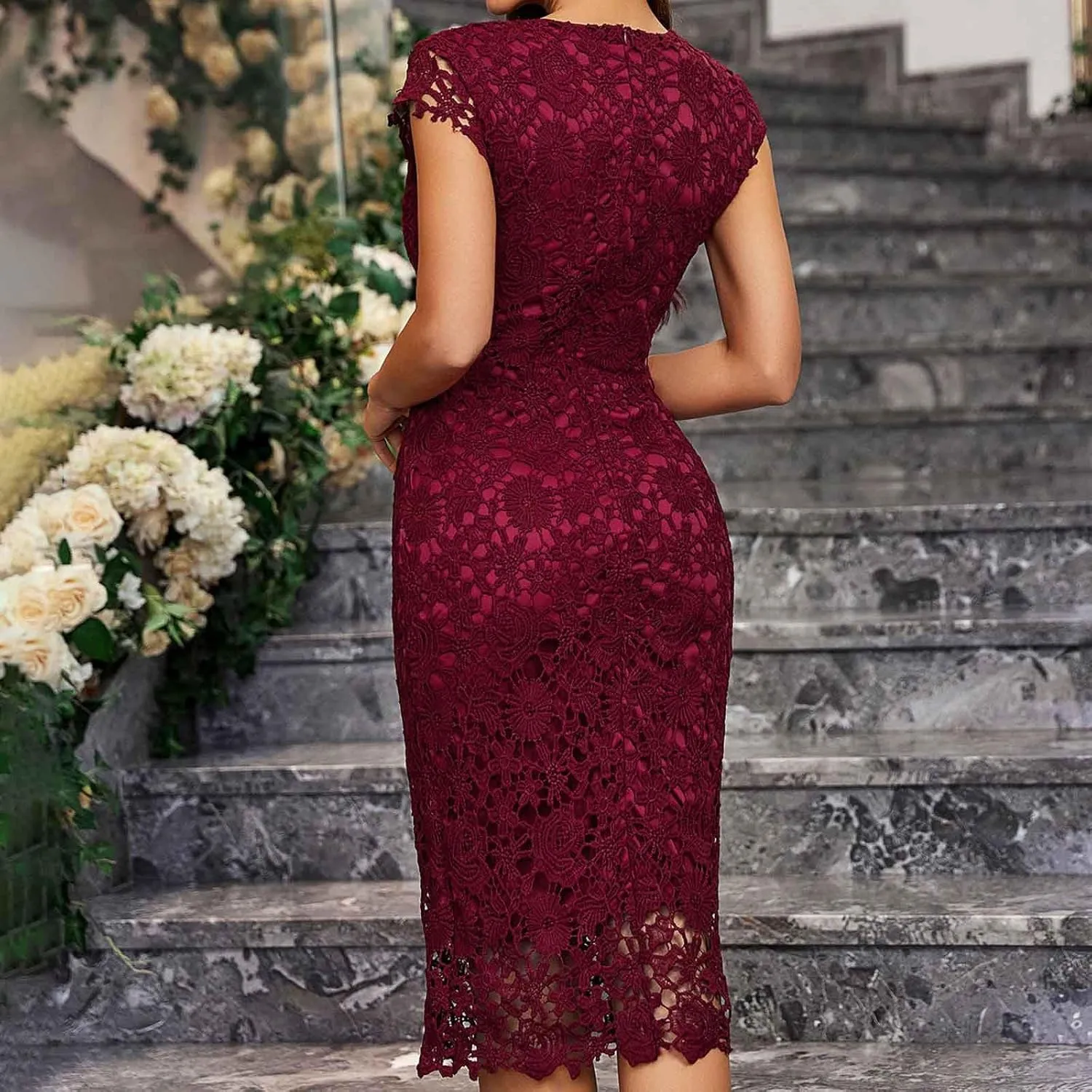 Lace Floral Midi Dress for Women Round Neck Cap Sleeve Dresses Elegant Layered Ruffle Evening Cocktail Mini Dress