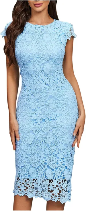 Lace Floral Midi Dress for Women Round Neck Cap Sleeve Dresses Elegant Layered Ruffle Evening Cocktail Mini Dress