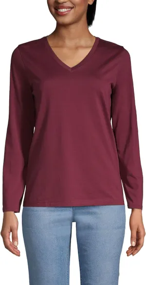 Lands' End Women s LS Relaxed Supima V Neck T Shirt Rich Burgundy Petite Medium
