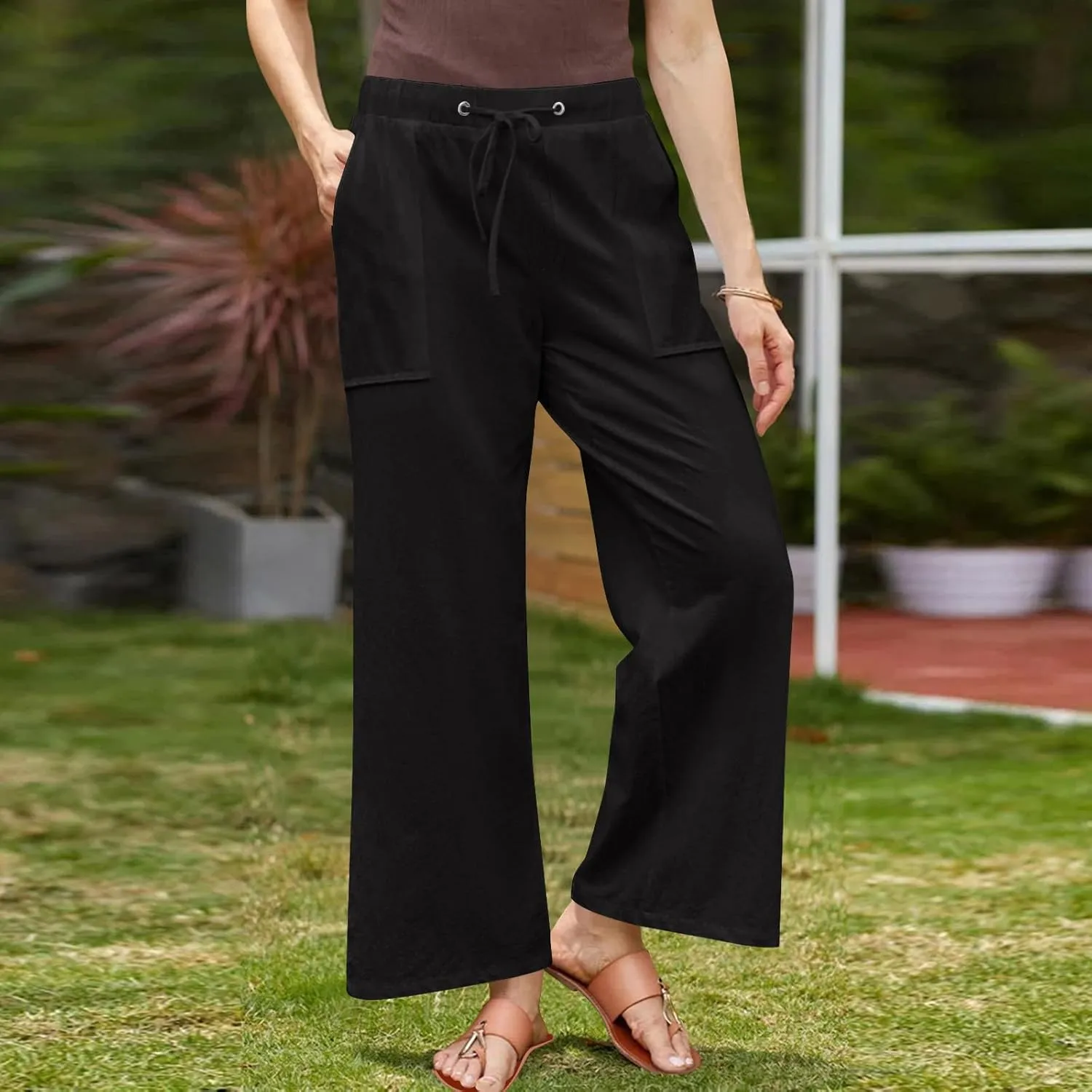 Lastesso Linen Pants Women Casual High Waist Drawstring Cotton Slacks with Pockets Cozy Beach Summer Lounge Pant Outfits