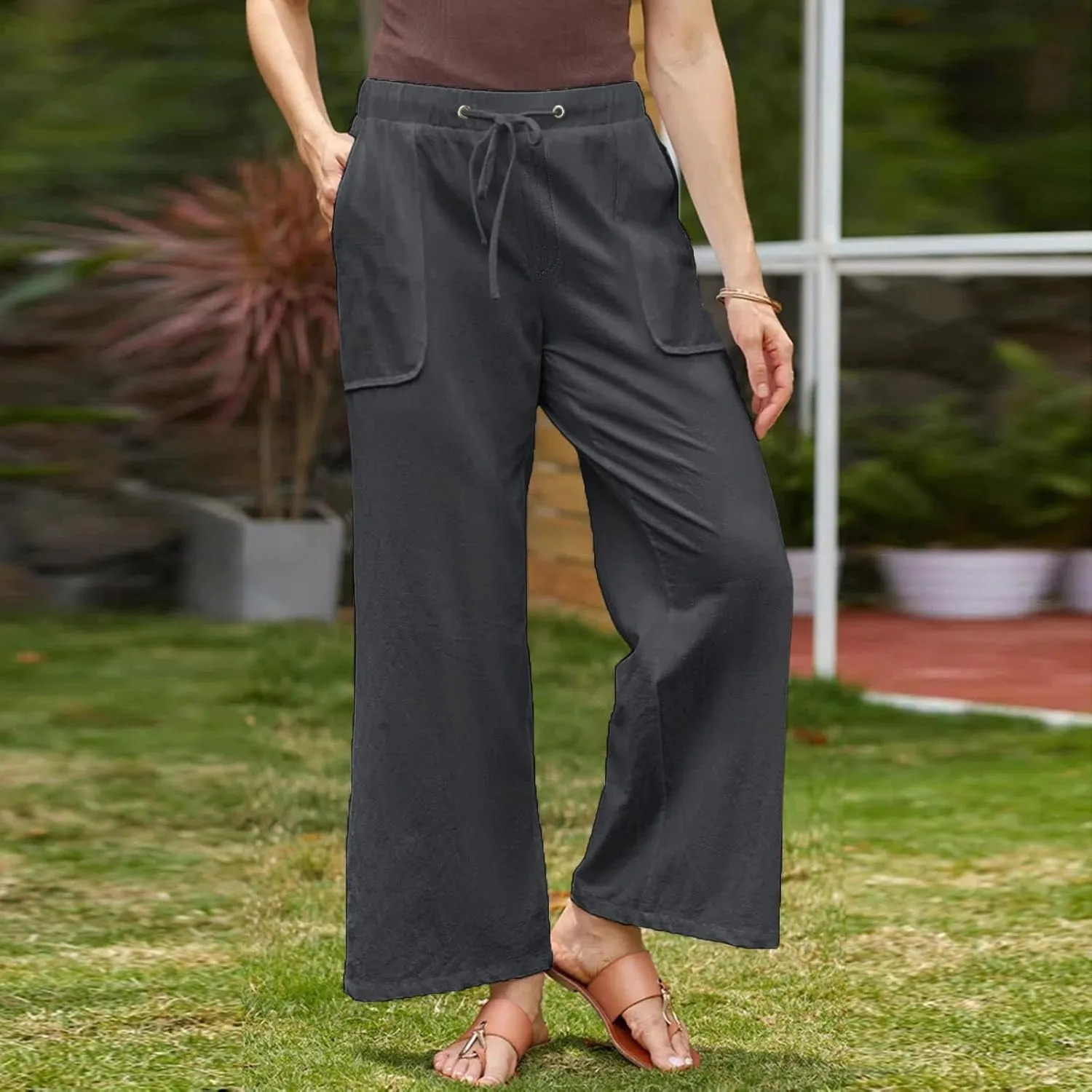 Lastesso Linen Pants Women Casual High Waist Drawstring Cotton Slacks with Pockets Cozy Beach Summer Lounge Pant Outfits