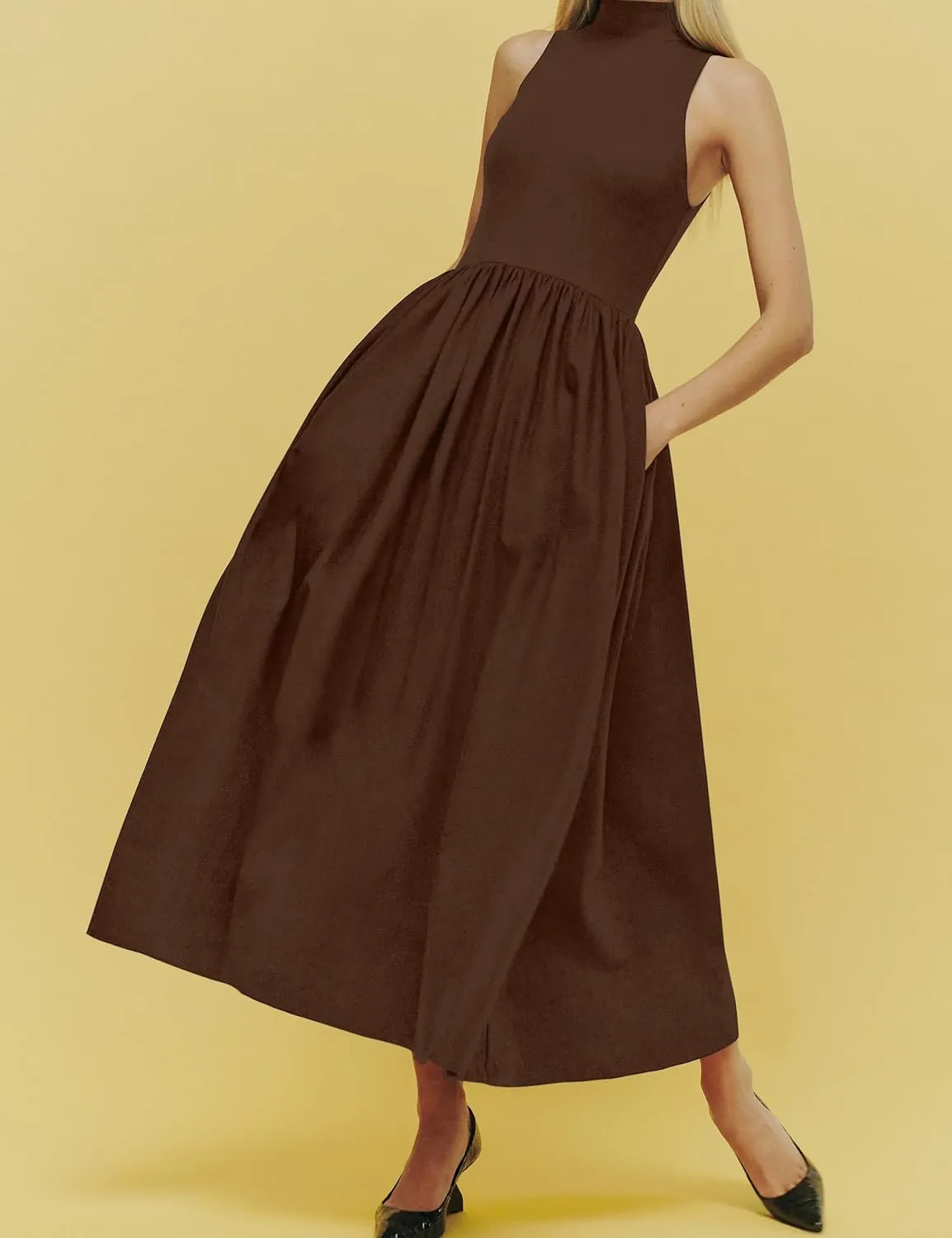 Lauweion Women's Summer Sleeveless Mock Neck Maxi Dresses Patchwork Casual Flowy Drop Waist Dress with Pockets