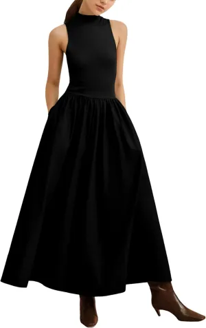 Lauweion Women's Summer Sleeveless Mock Neck Maxi Dresses Patchwork Casual Flowy Drop Waist Dress with Pockets