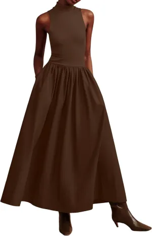 Lauweion Women's Summer Sleeveless Mock Neck Maxi Dresses Patchwork Casual Flowy Drop Waist Dress with Pockets