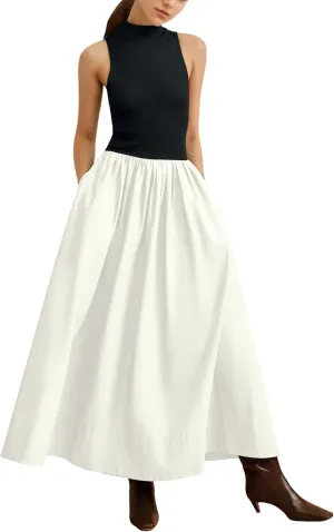 Lauweion Women's Summer Sleeveless Mock Neck Maxi Dresses Patchwork Casual Flowy Drop Waist Dress with Pockets
