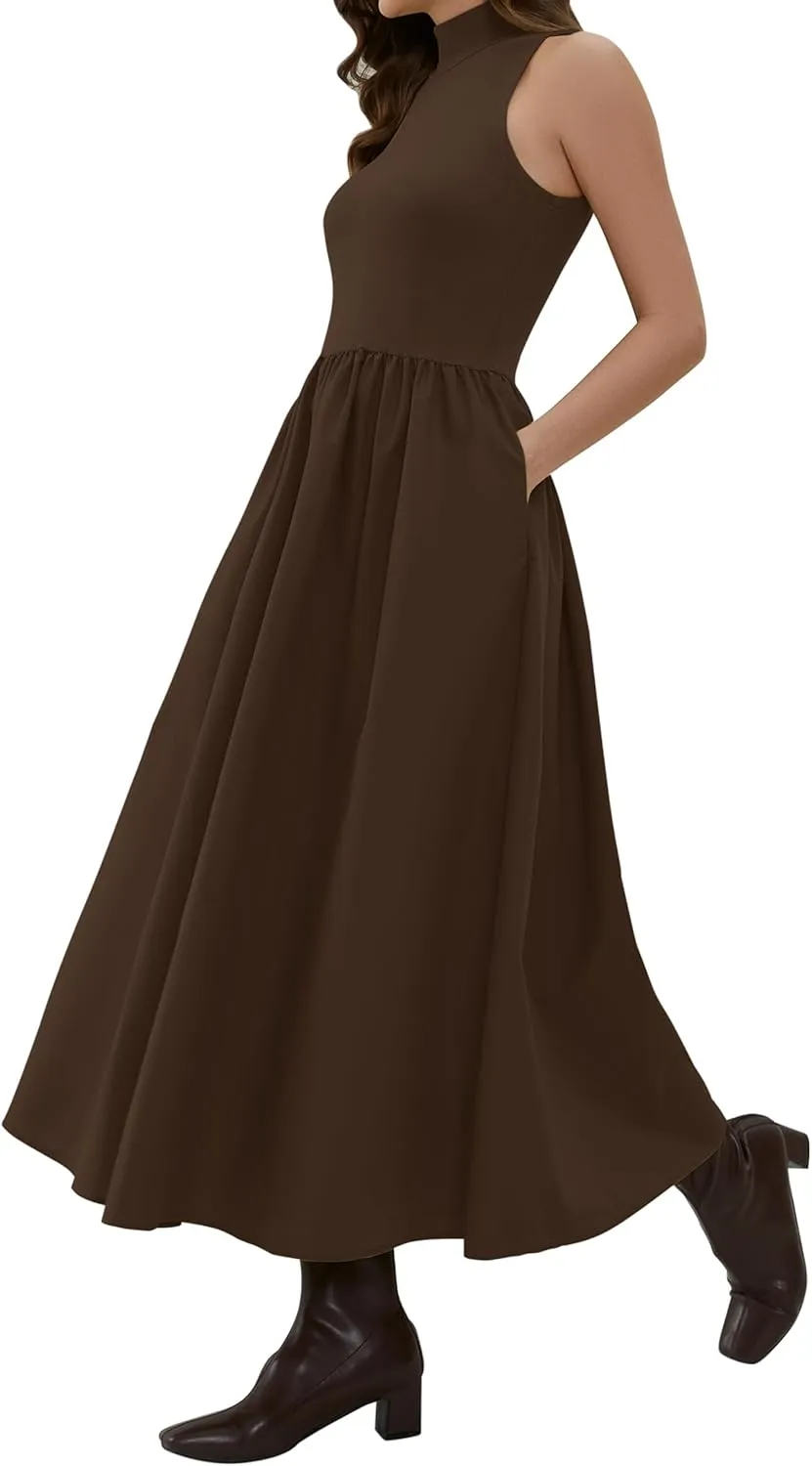 Lauweion Women's Summer Sleeveless Mock Neck Maxi Dresses Patchwork Casual Flowy Drop Waist Dress with Pockets
