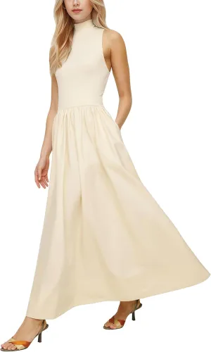 Lauweion Women's Summer Sleeveless Mock Neck Maxi Dresses Patchwork Casual Flowy Drop Waist Dress with Pockets