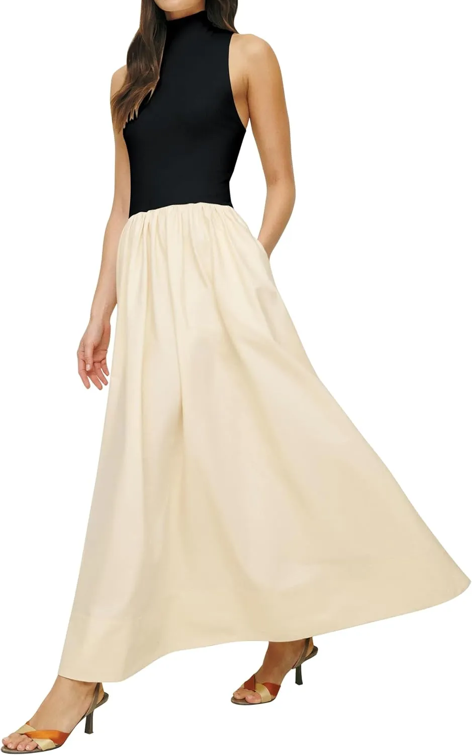 Lauweion Women's Summer Sleeveless Mock Neck Maxi Dresses Patchwork Casual Flowy Drop Waist Dress with Pockets