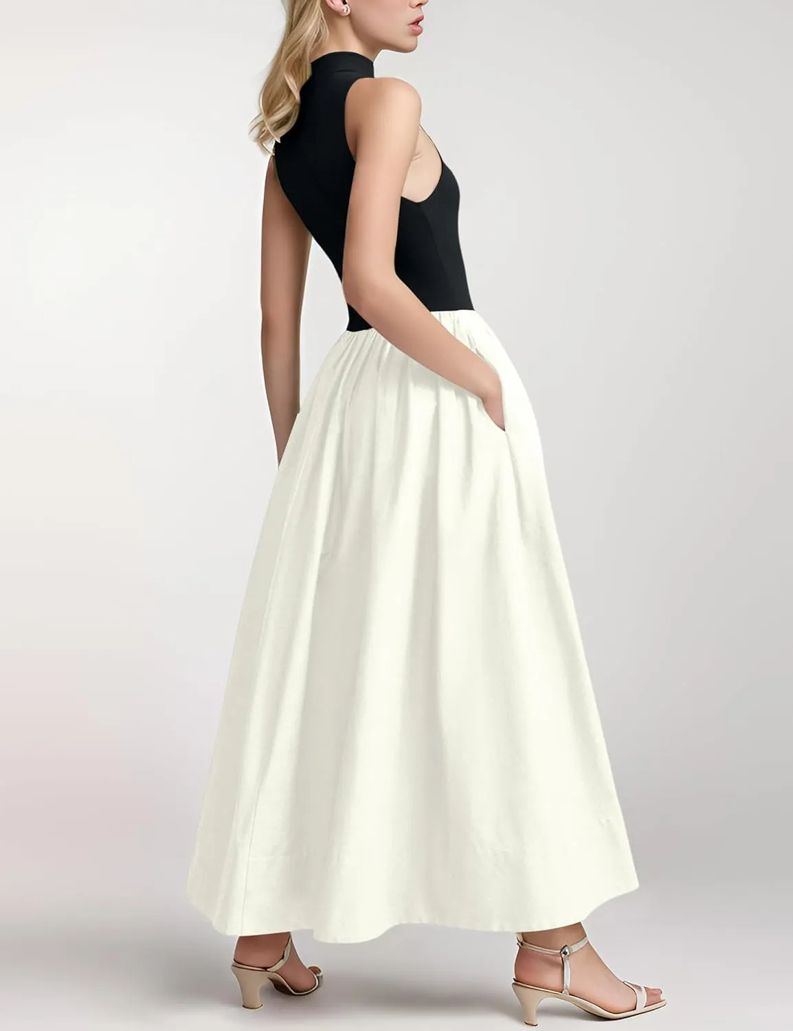 Lauweion Women's Summer Sleeveless Mock Neck Maxi Dresses Patchwork Casual Flowy Drop Waist Dress with Pockets
