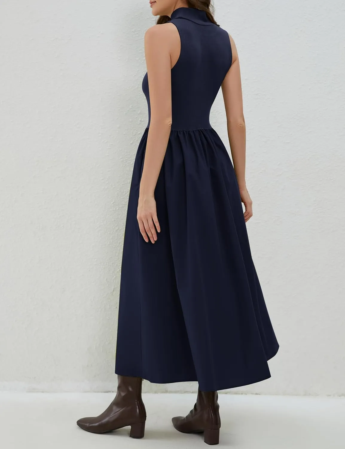 Lauweion Women's Summer Sleeveless Mock Neck Maxi Dresses Patchwork Casual Flowy Drop Waist Dress with Pockets