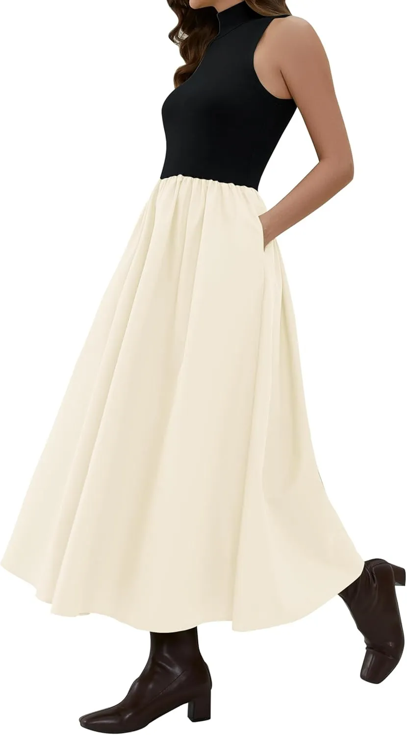 Lauweion Women's Summer Sleeveless Mock Neck Maxi Dresses Patchwork Casual Flowy Drop Waist Dress with Pockets