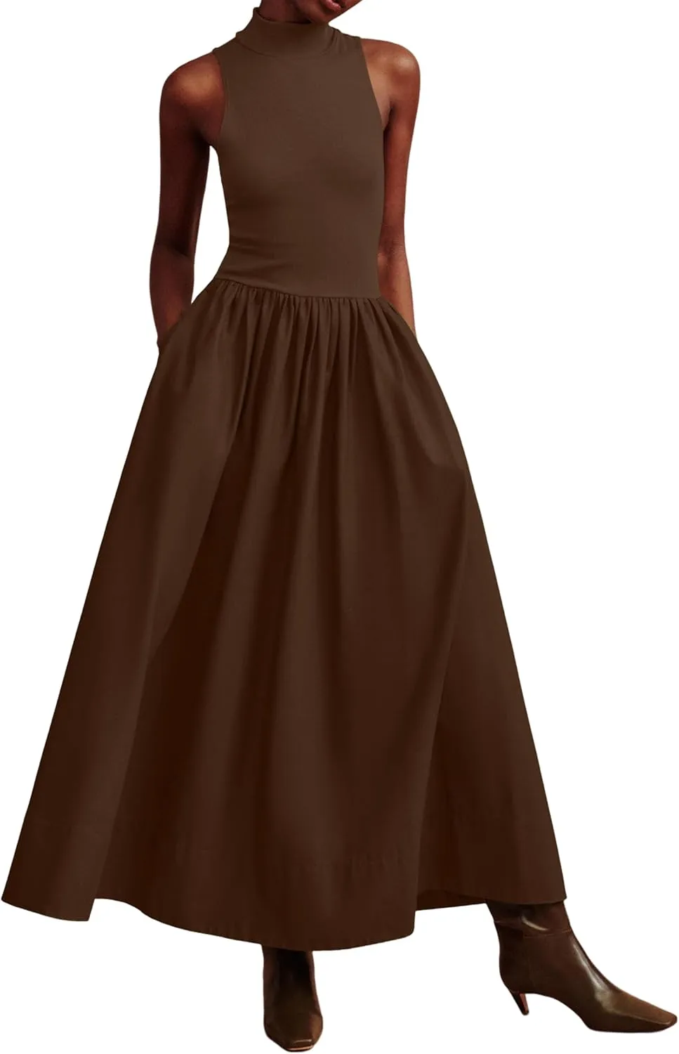 Lauweion Women's Summer Sleeveless Mock Neck Maxi Dresses Patchwork Casual Flowy Drop Waist Dress with Pockets