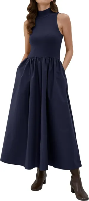 Lauweion Women's Summer Sleeveless Mock Neck Maxi Dresses Patchwork Casual Flowy Drop Waist Dress with Pockets